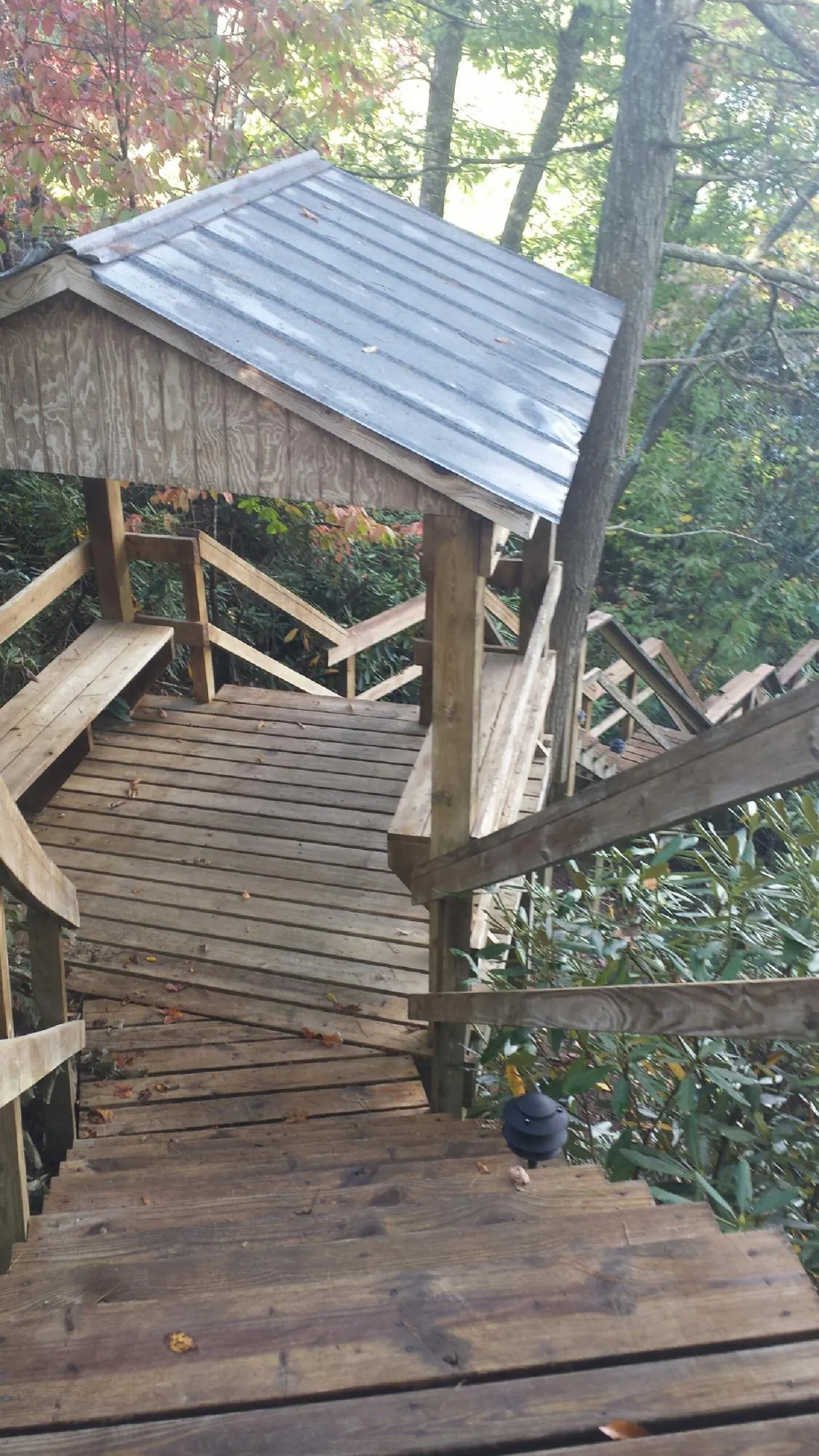 Metal roofed shelter over wooden steps on a wooded walkway — Skylight Repair & Installation work by our crew in Grandy